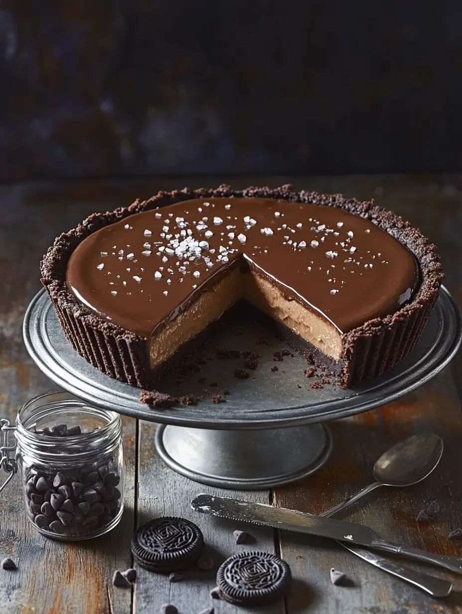 A chocolate pie with a slice removed sits on a silver cake stand, accompanied by chocolate chips and Oreo cookies.