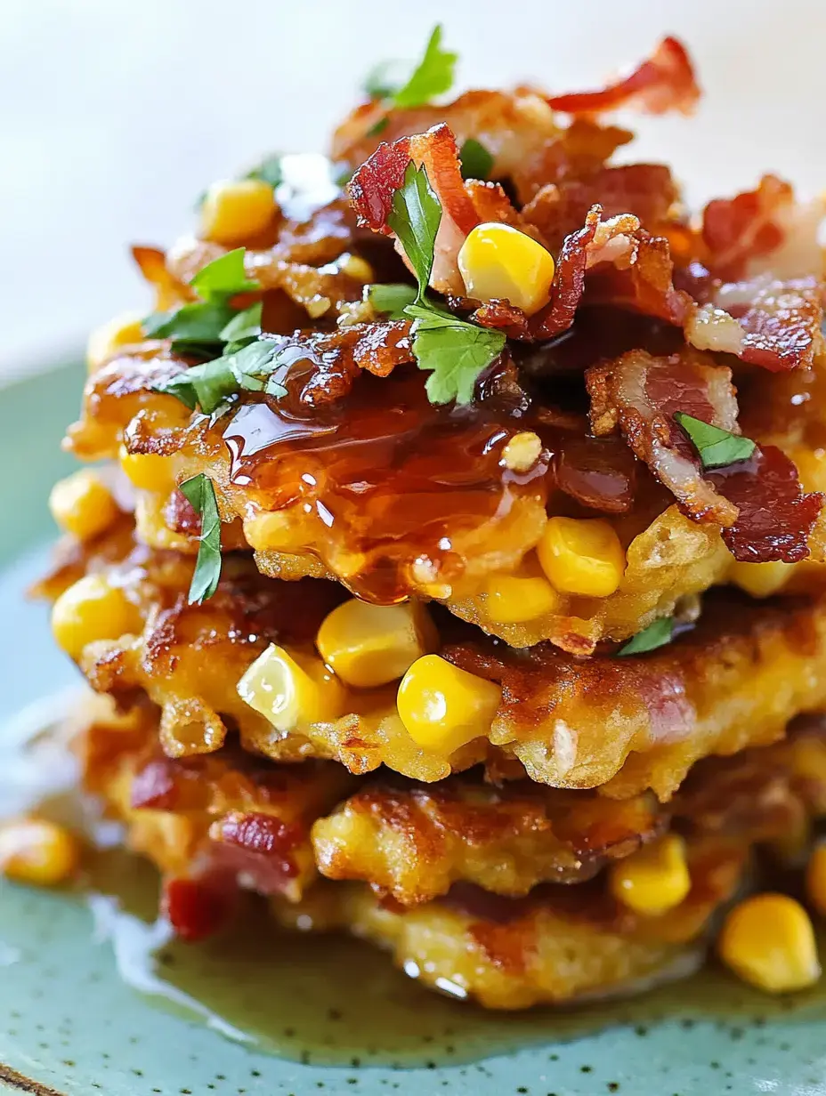 A stack of crispy corn and bacon fritters topped with chopped bacon, corn kernels, fresh herbs, and drizzled with syrup.