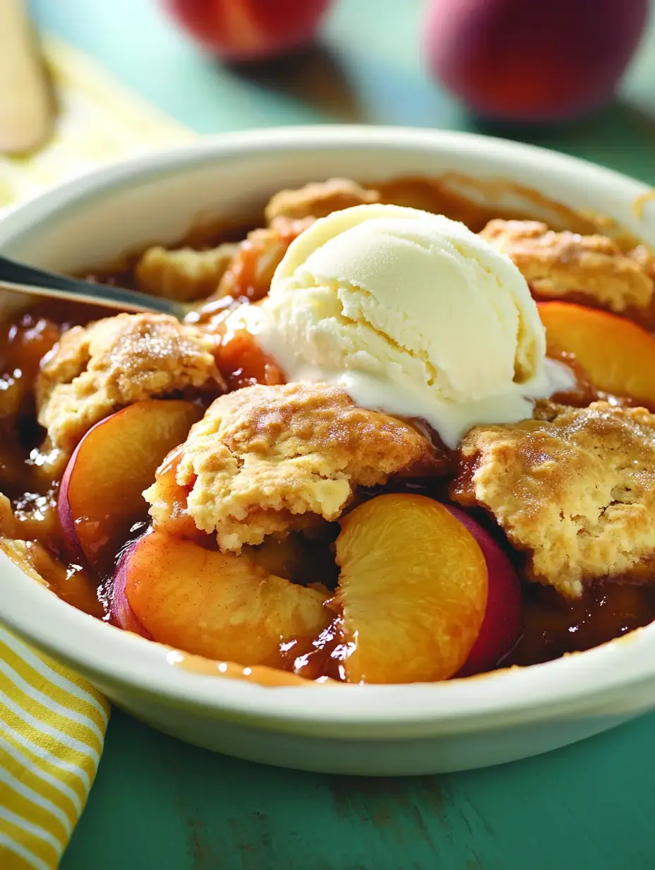 A bowl of peach cobbler topped with a scoop of vanilla ice cream, set on a colorful background.