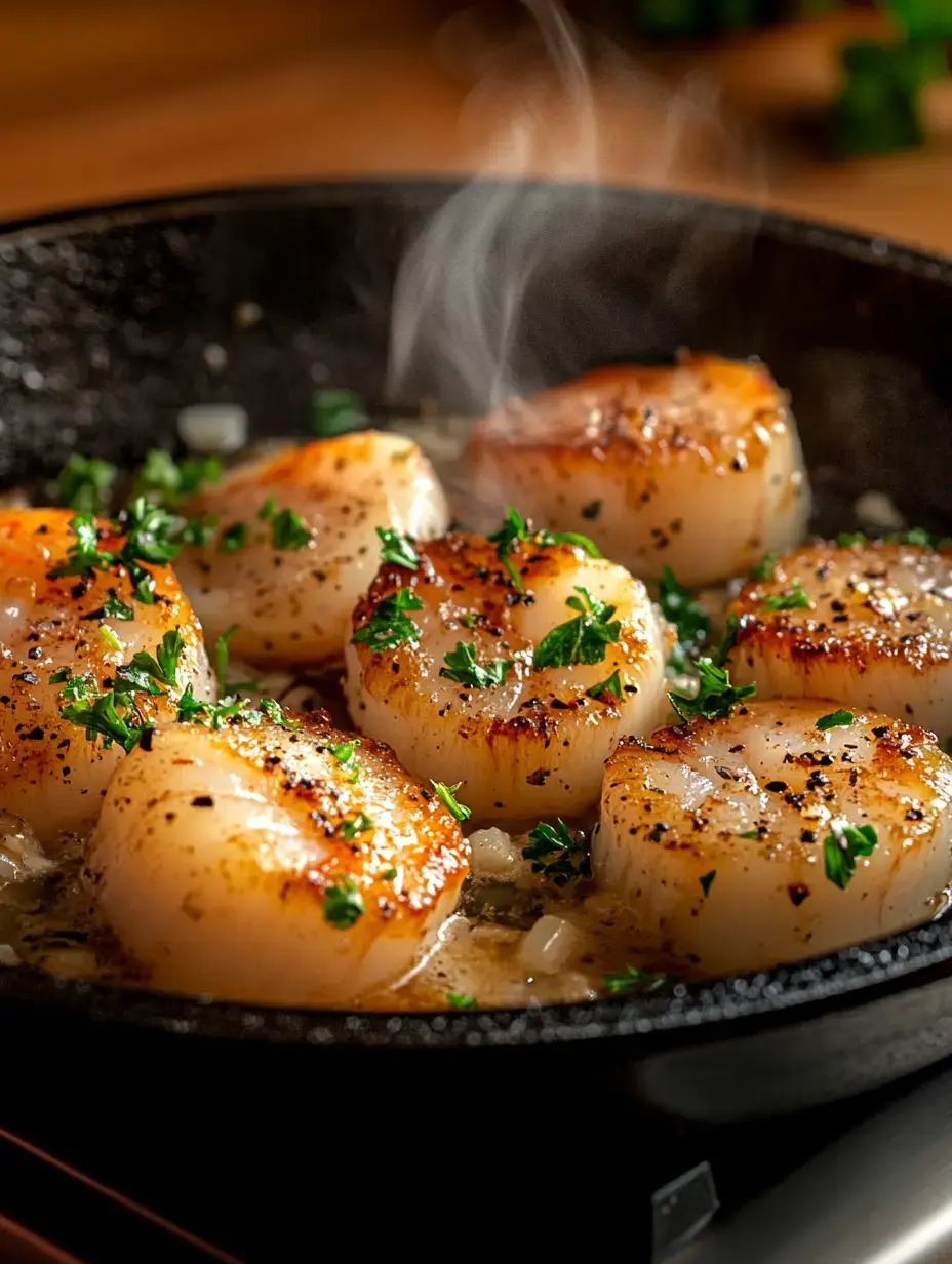 A skillet filled with perfectly seared scallops garnished with fresh herbs, emitting steam as they cook.