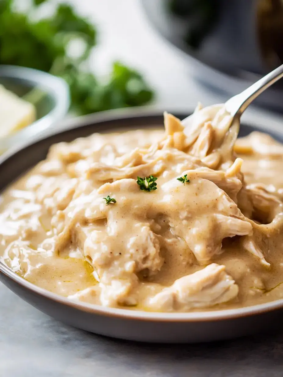 A close-up of a creamy chicken dish garnished with parsley, served in a dark bowl.