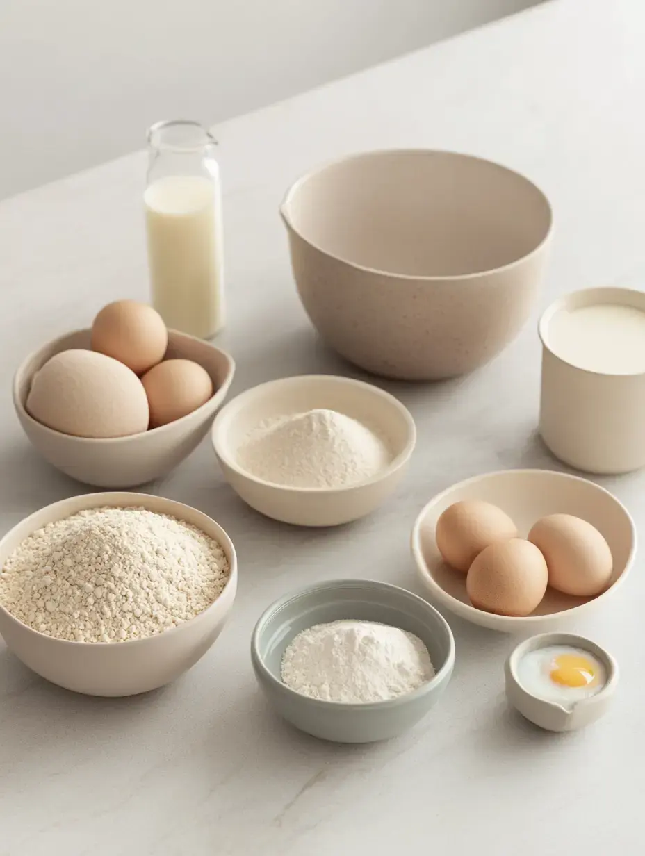 A variety of baking ingredients, including eggs, flour, and milk, are arranged in bowls and containers on a light countertop.