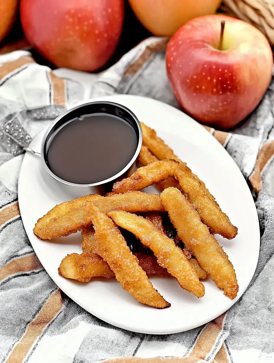 A plate of golden-brown fried apple slices is accompanied by a small bowl of dark dipping sauce, set against a backdrop of fresh apples and a patterned cloth.