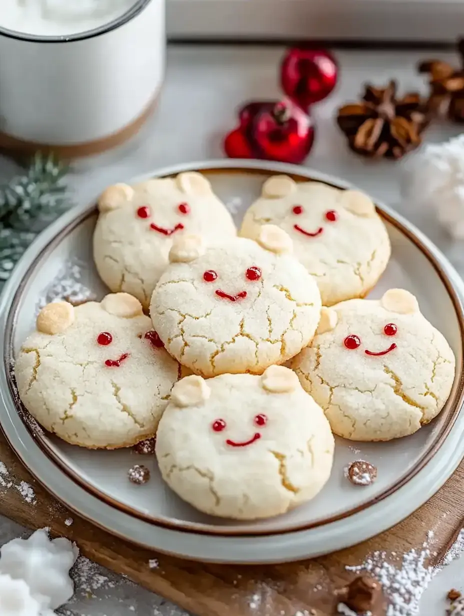 A plate of bear-shaped cookies with smiling faces, decorated with red candies for eyes and a mouth, surrounded by holiday-themed decorations.