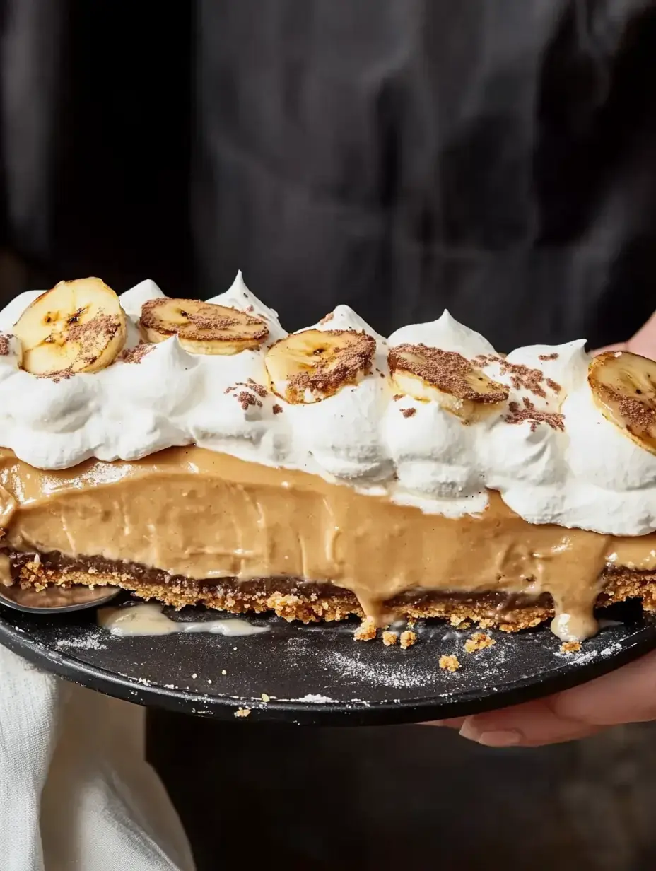 A person is holding a slice of banana cream pie topped with whipped cream and sliced bananas on a black plate.