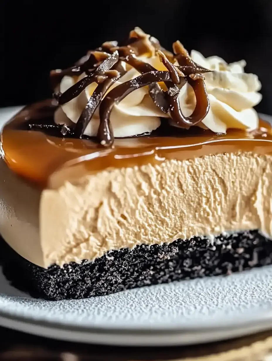 A slice of layered dessert featuring a chocolate crust, creamy caramel topping, and piped whipped cream drizzled with chocolate.