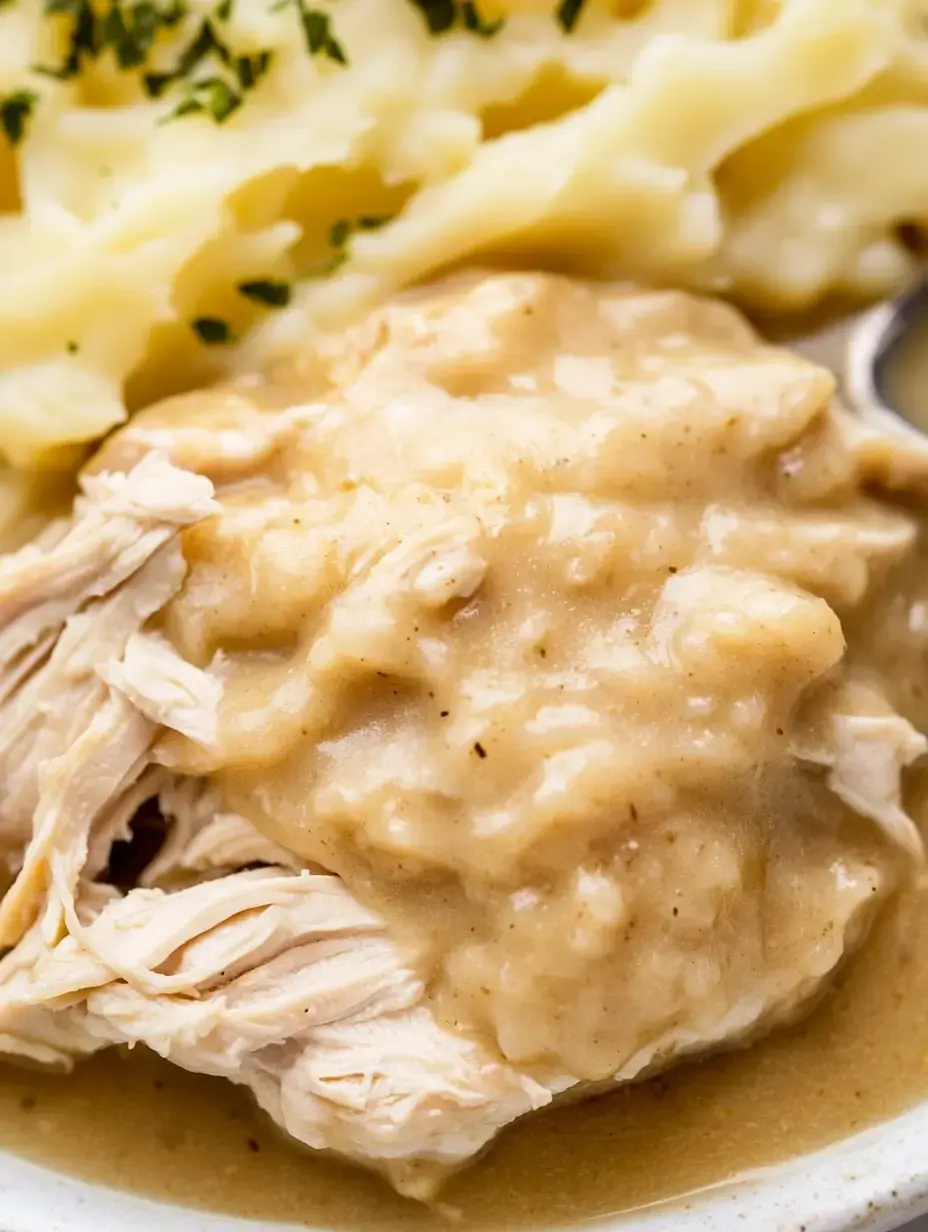 A close-up of shredded chicken topped with creamy gravy, served alongside mashed potatoes.