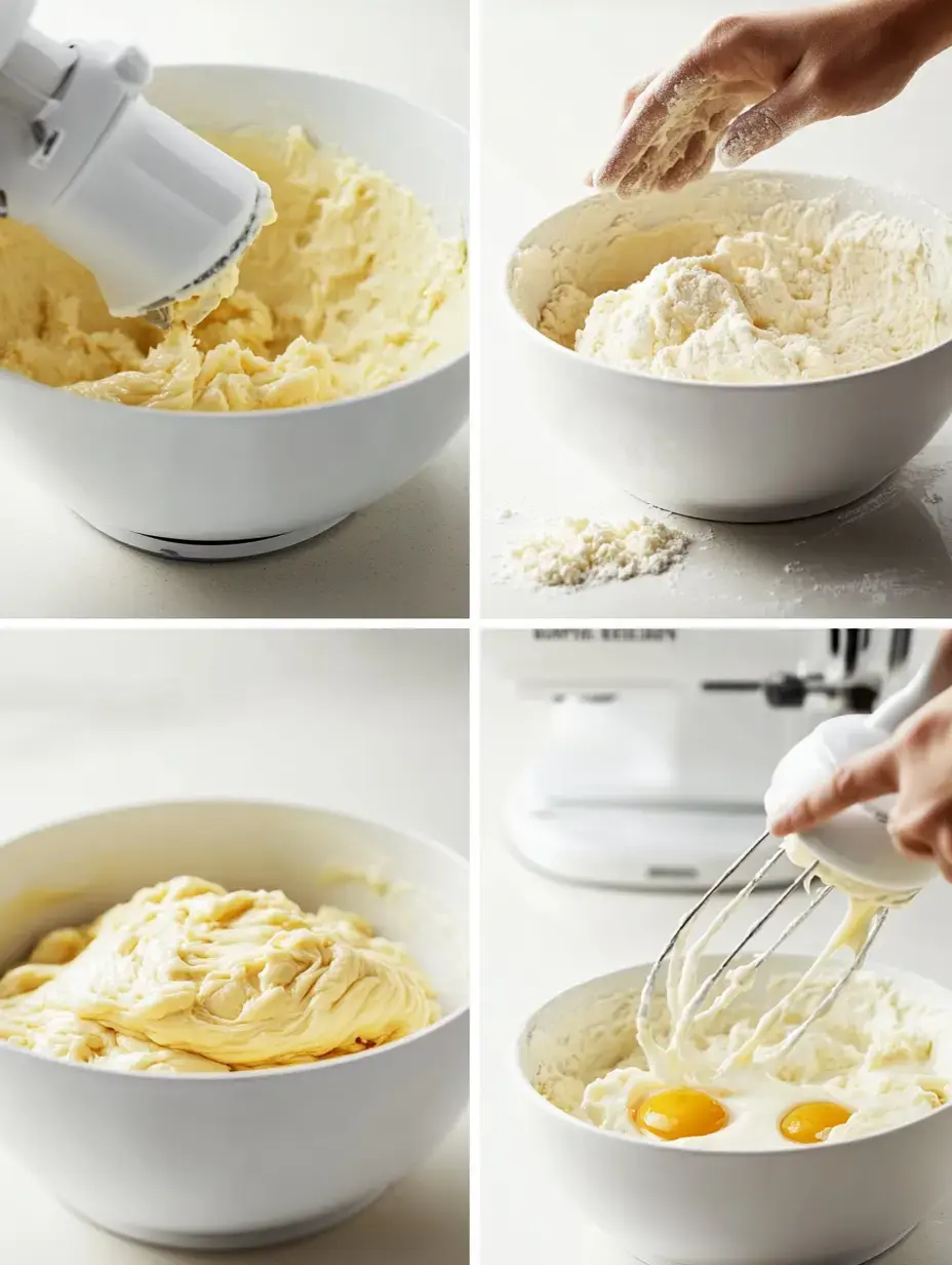 A collage of four images showing the process of mixing ingredients for baking, including a hand mixer with batter, a hand adding flour, creamy batter in a bowl, and eggs being added to the mixture.