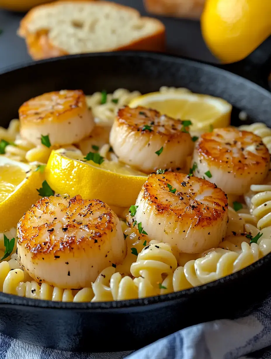 A cast iron skillet filled with pasta topped with seared scallops and lemon wedges, accompanied by slices of bread in the background.