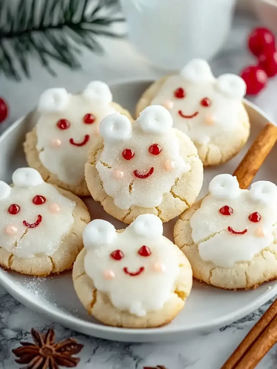 A plate of cute cookies decorated with white icing, red dots for eyes, and pink blush, resembling smiling cartoonish faces.