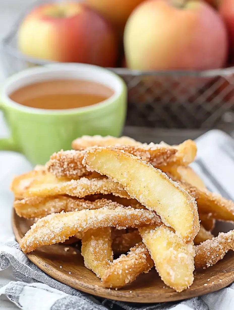 A wooden plate holds a pile of sugar-coated fried apple slices, with a cup of tea and a basket of whole apples in the background.