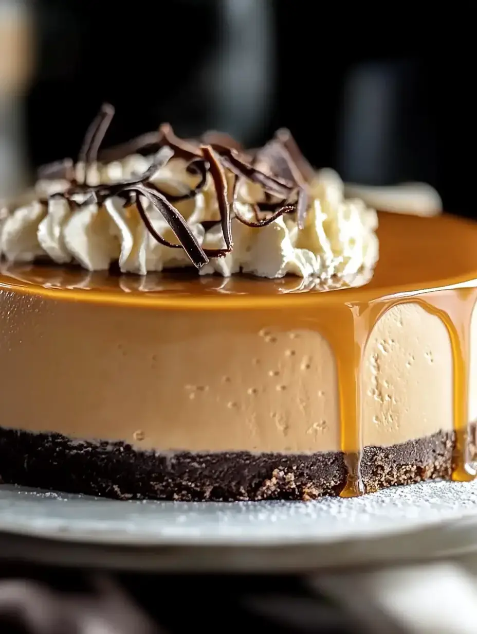 A creamy caramel cheesecake topped with whipped cream and chocolate shavings, resting on a dark cookie crust.