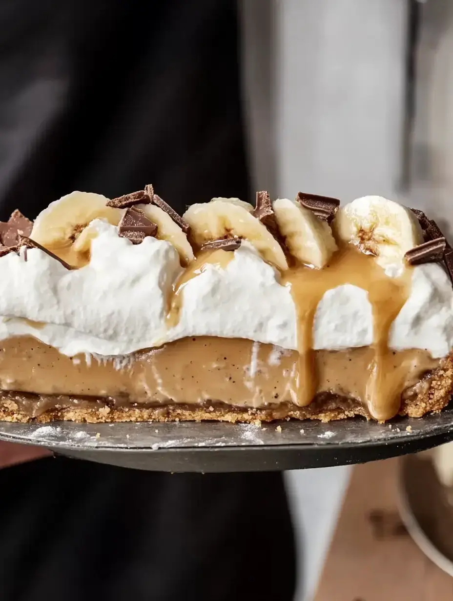 A close-up of a layered banana cream pie topped with whipped cream, sliced bananas, chocolate shavings, and caramel drizzle.