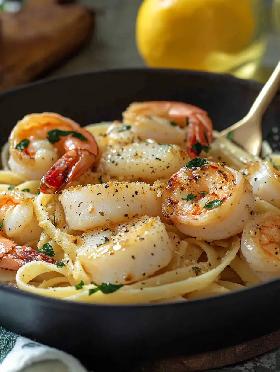 A close-up of a bowl of linguine pasta topped with seared shrimp and scallops, garnished with parsley and accompanied by a lemon in the background.