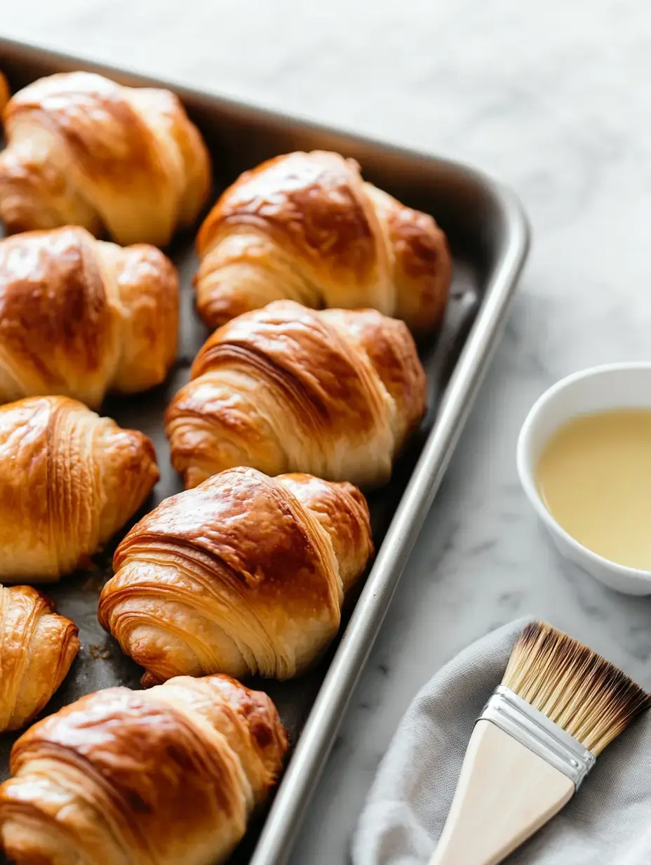 A tray of freshly baked, golden-brown croissants is accompanied by a small bowl of liquid and a brush on a marble surface.