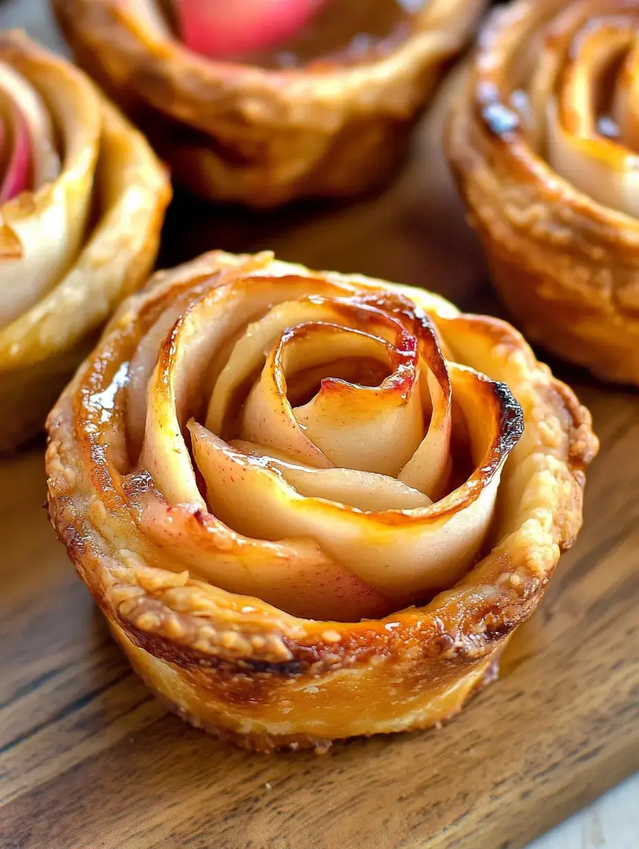 A close-up of a freshly baked pastry shaped like a rose, made with thin apple slices and golden flaky crust, displayed on a wooden surface.