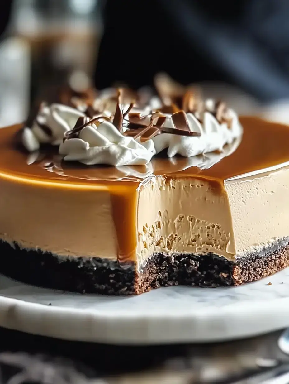 A chocolate caramel cheesecake with creamy filling, topped with whipped cream and chocolate shavings, sits on a marble plate with a slice removed.