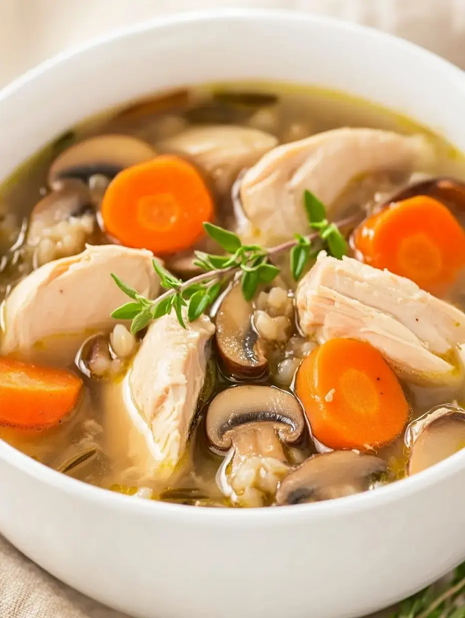 A bowl of chicken soup with sliced carrots, mushrooms, and herbs in a clear broth.