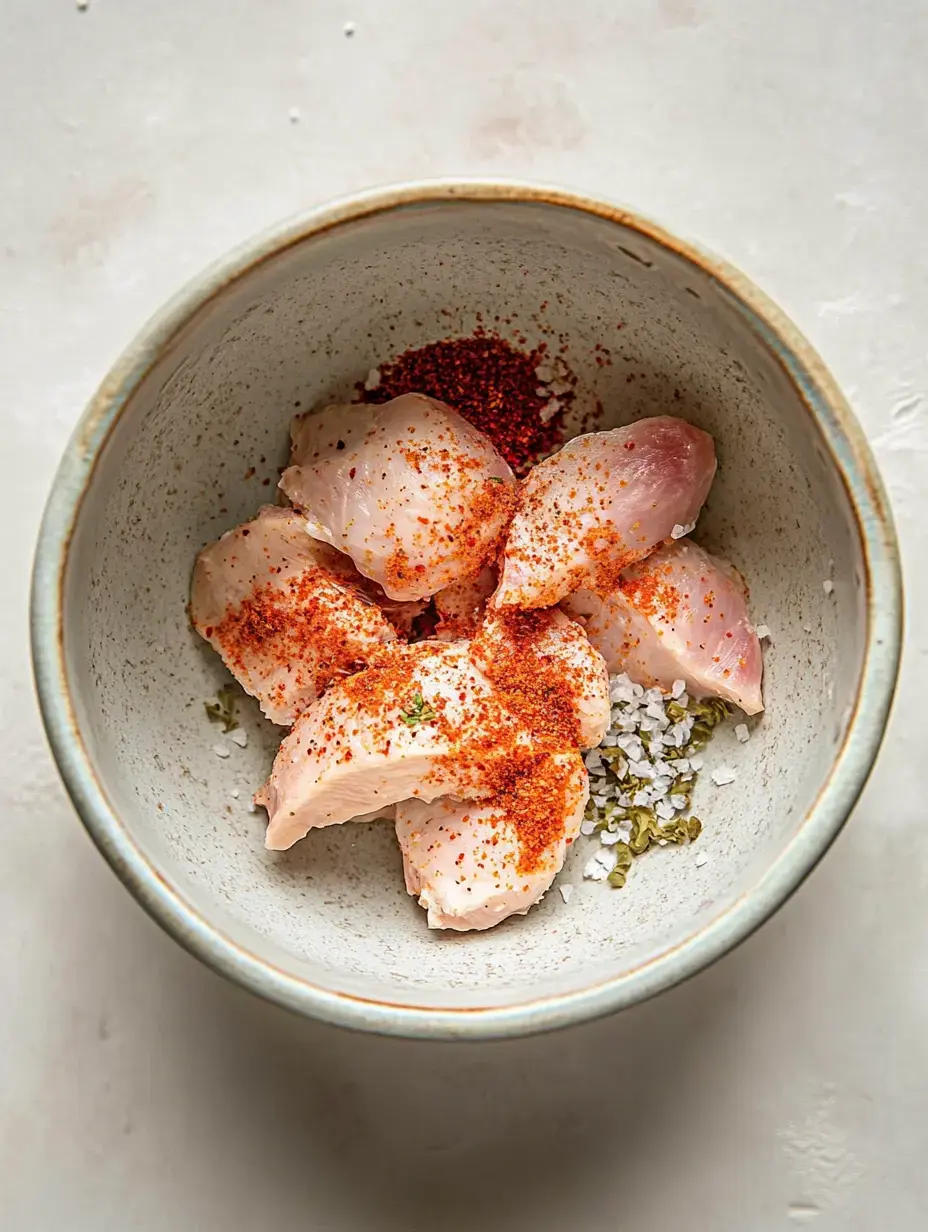 A ceramic bowl containing raw chicken pieces seasoned with salt, spices, and herbs.