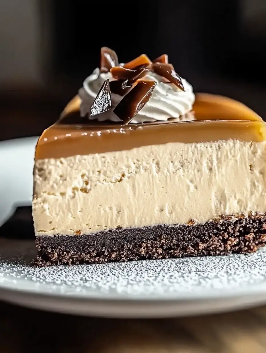 A slice of creamy caramel cheesecake with a chocolate crust, topped with whipped cream and chocolate shavings.