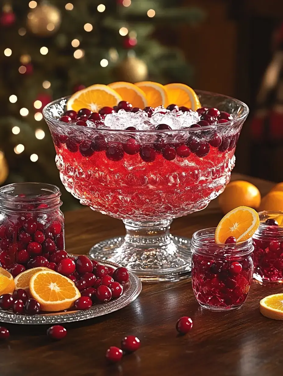 A festive display of a crystal punch bowl filled with cranberry juice, ice, and garnished with orange slices, accompanied by jars of cranberries and more fruit on a wooden table.