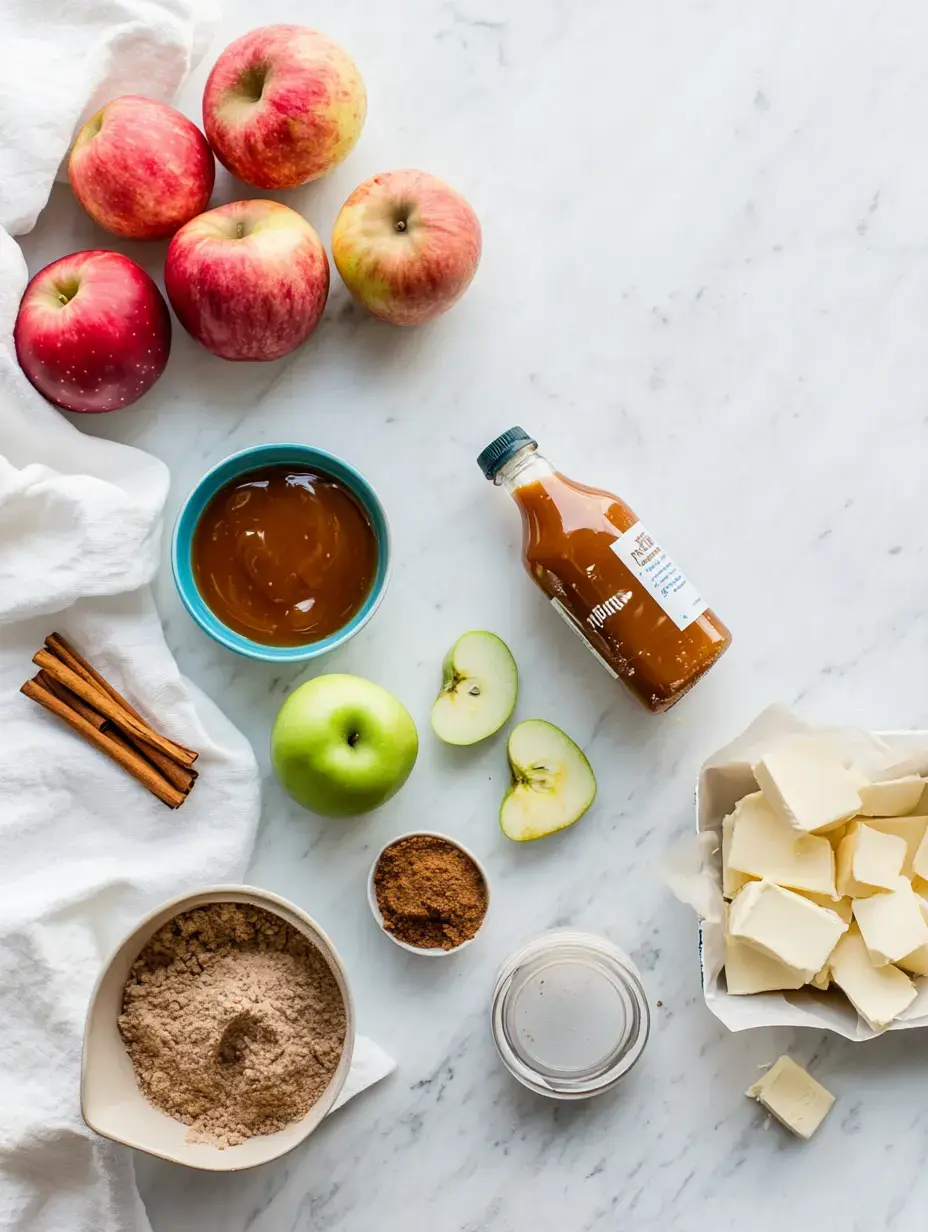 A flat lay composition featuring several red apples, a green apple sliced in half, caramel sauce in a blue bowl, cinnamon sticks, brown sugar, a jar, and a block of butter on a marble surface.