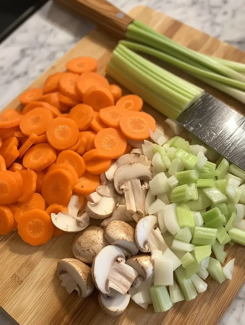 A wooden cutting board displays slices of carrots, chopped celery, and mushrooms, with a knife resting beside them.