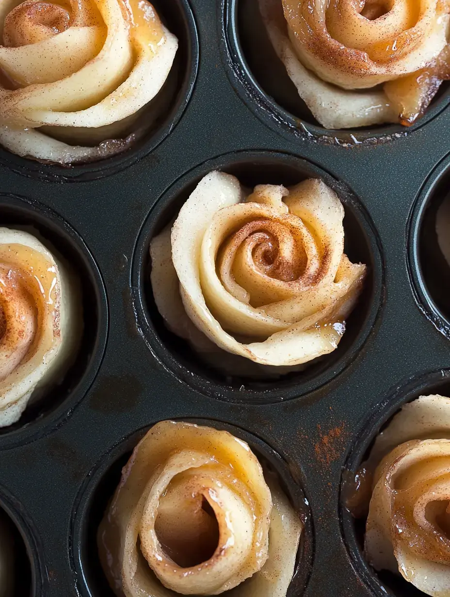 A close-up view of baked apple roses in a muffin tin, showcasing their intricate rose shapes and a glaze.