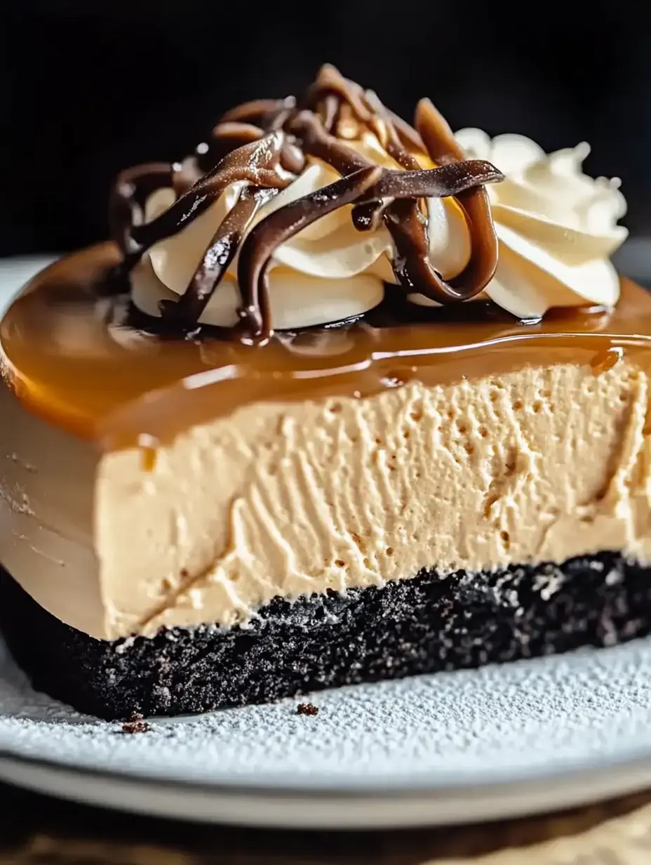 A delicious slice of layered dessert featuring a creamy caramel and peanut butter filling on a chocolate Oreo crust, topped with whipped cream and chocolate drizzle.