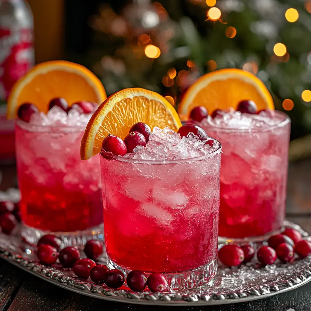 Three glasses of vibrant pink cocktails with ice, garnished with orange slices and cranberries, are arranged on a silver tray with cranberries scattered around, with festive lights in the background.