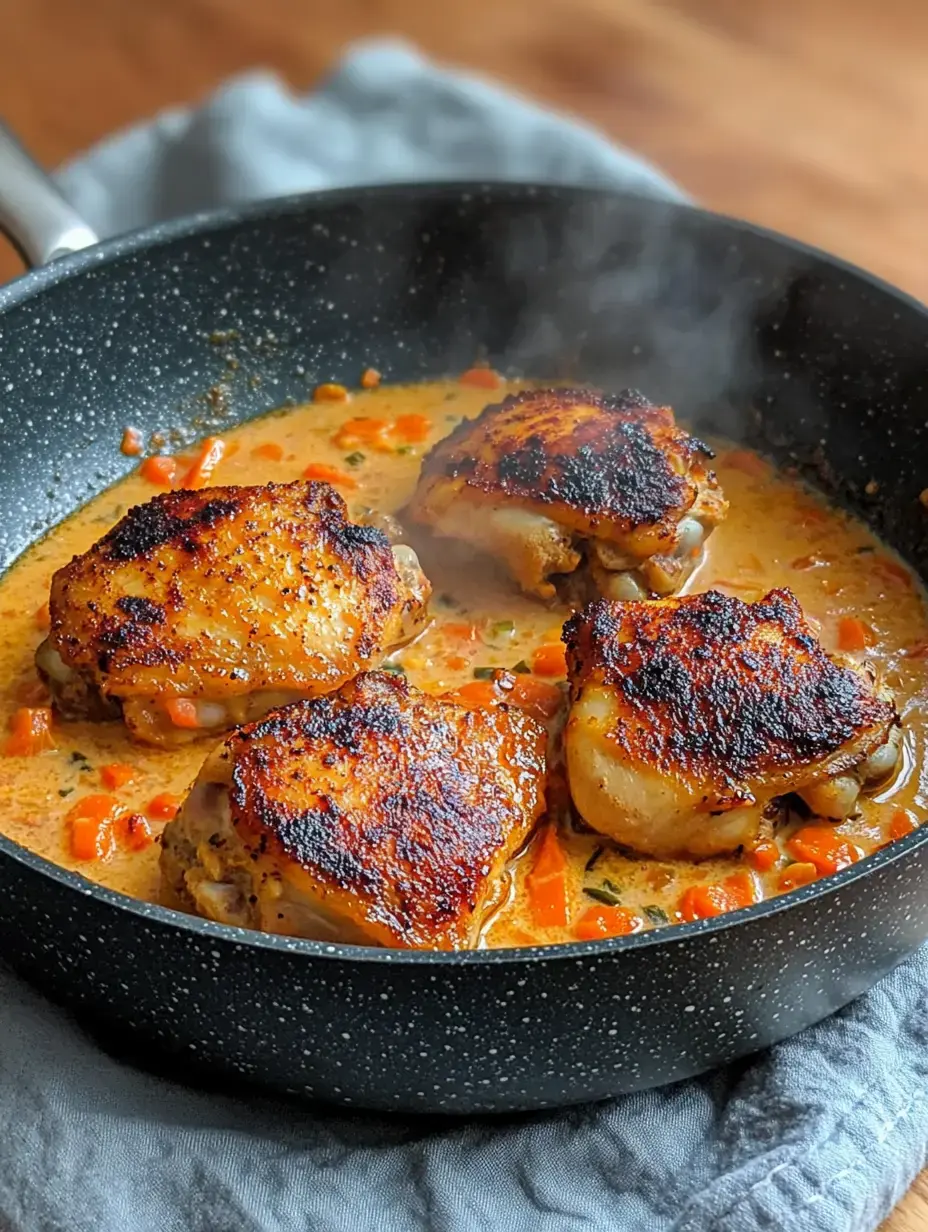 A skillet contains four browned chicken thighs simmering in a creamy sauce with diced vegetables.