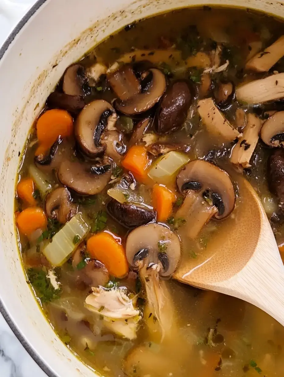 A close-up of a pot of soup containing mushrooms, carrots, celery, shredded chicken, and herbs with a wooden spoon.