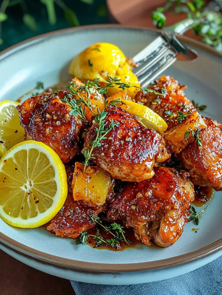 A plate of honey-glazed chicken thighs garnished with lemon slices and fresh thyme.