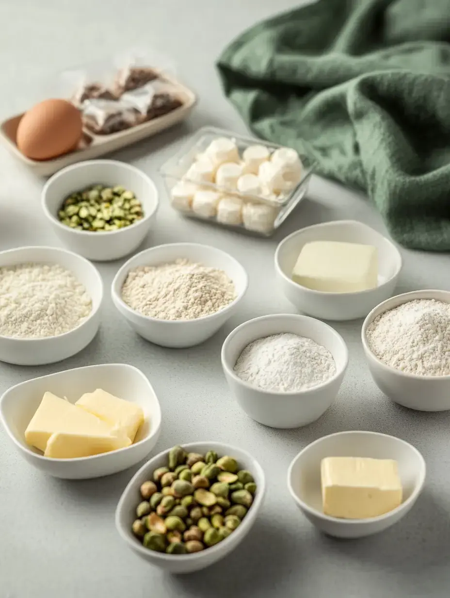 A variety of baking ingredients, including flour, butter, sugar, pistachios, an egg, and packaged sweets, are displayed in white bowls on a light surface.