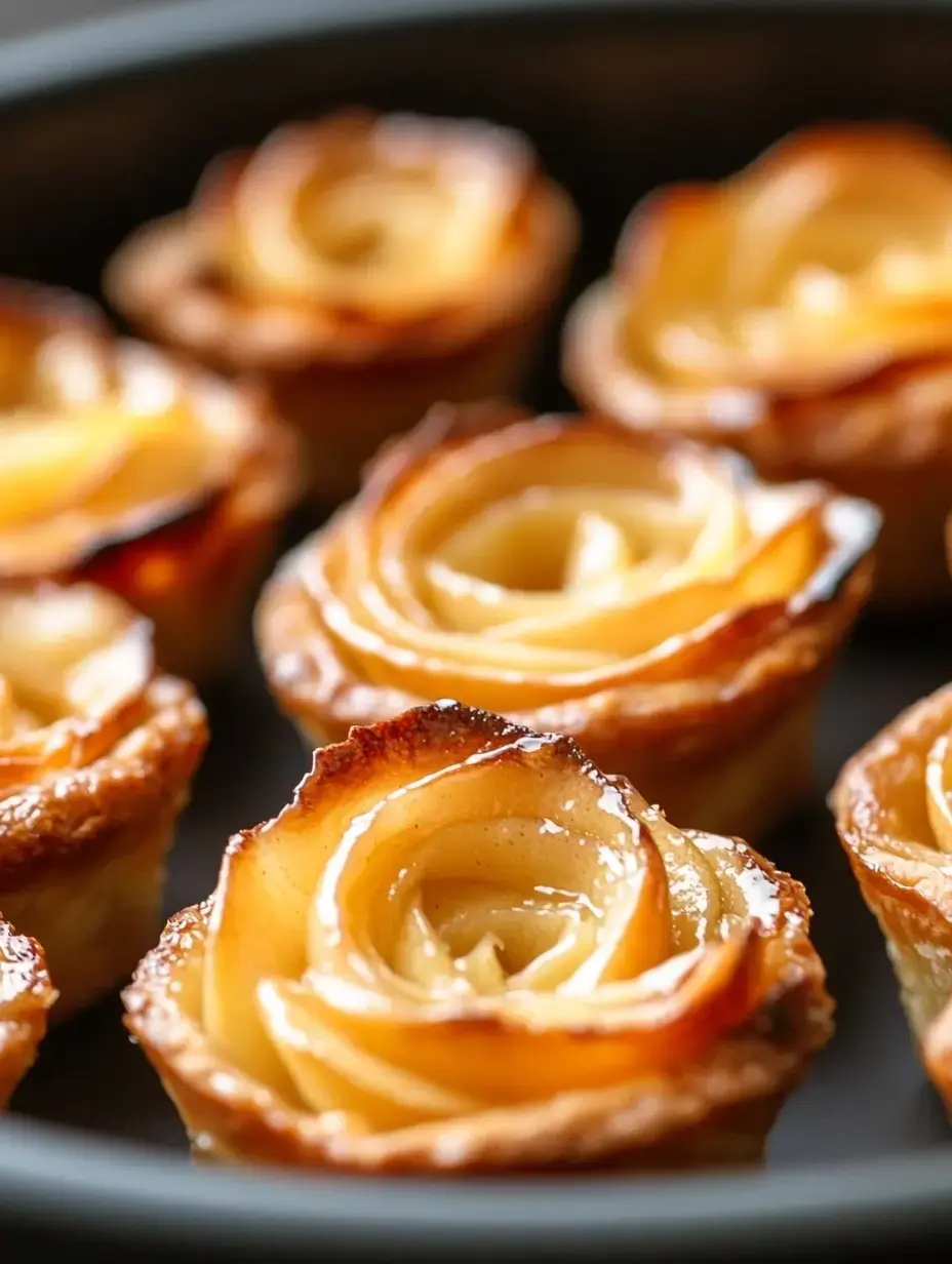 A close-up image of elegantly arranged apple rose pastries in a dark baking tray.