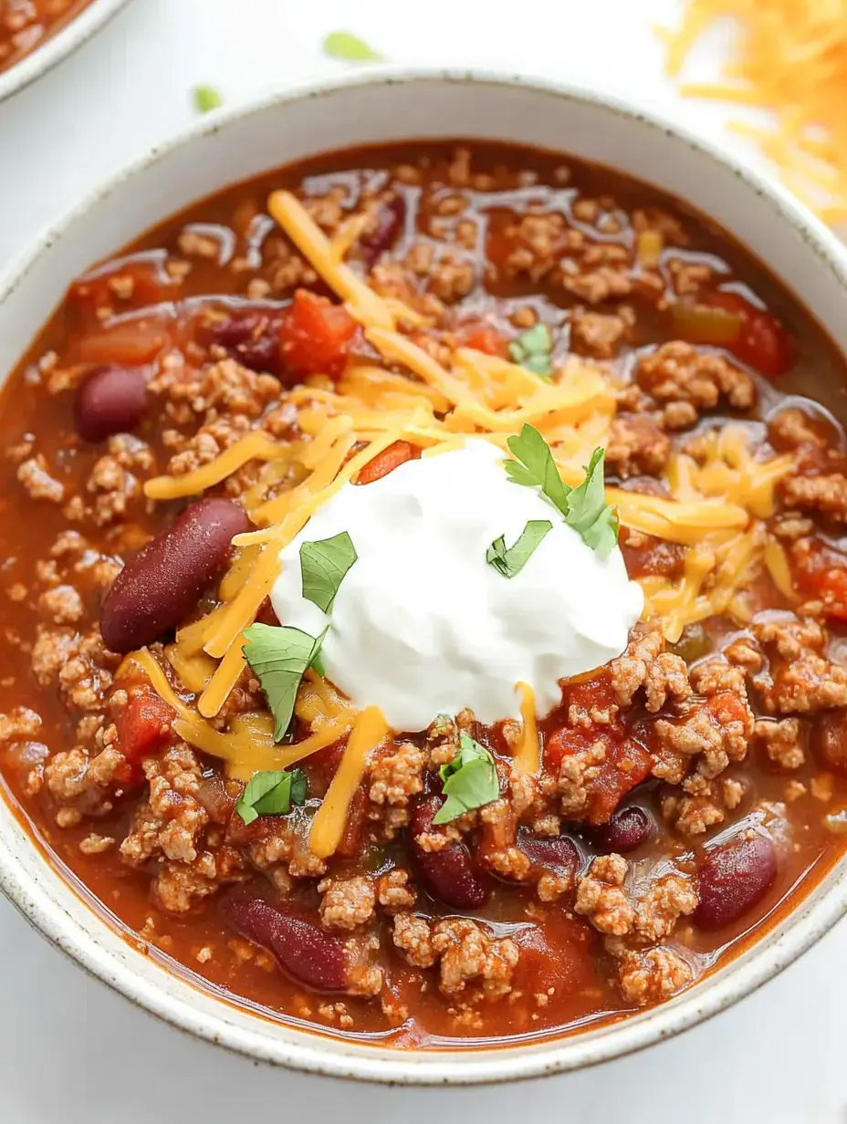 A hearty bowl of chili topped with shredded cheese, sour cream, and chopped cilantro, featuring ground meat and kidney beans in a rich tomato sauce.