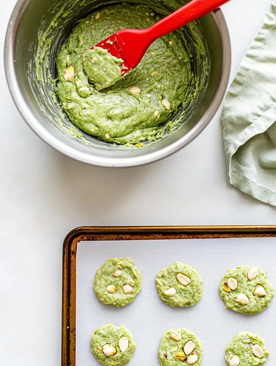 A stainless steel bowl contains green batter being mixed with a red spatula, while a baking sheet in front holds several green cookie dough rounds topped with nuts.