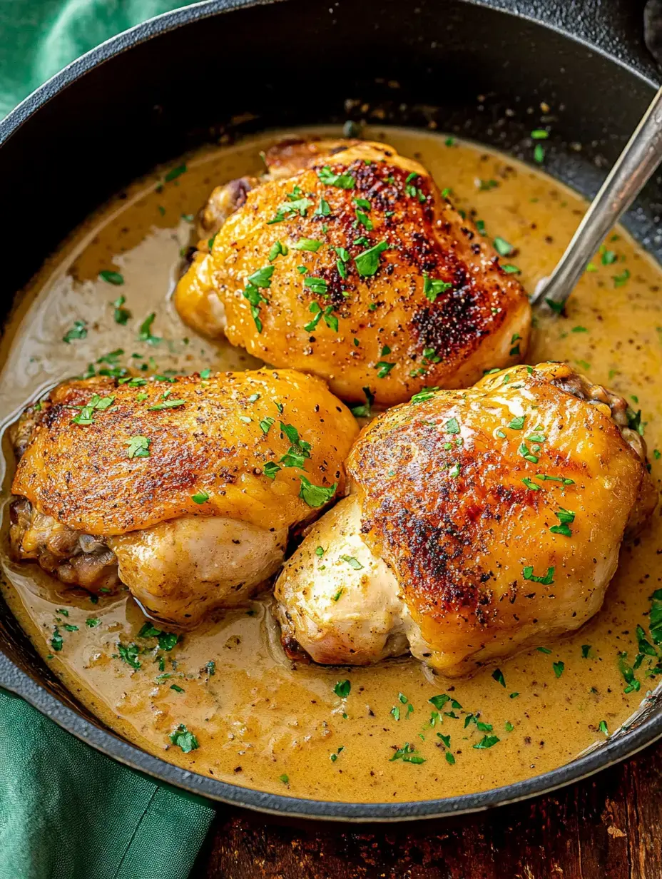 A cast iron skillet filled with three golden-brown chicken thighs in a creamy sauce, garnished with fresh parsley.