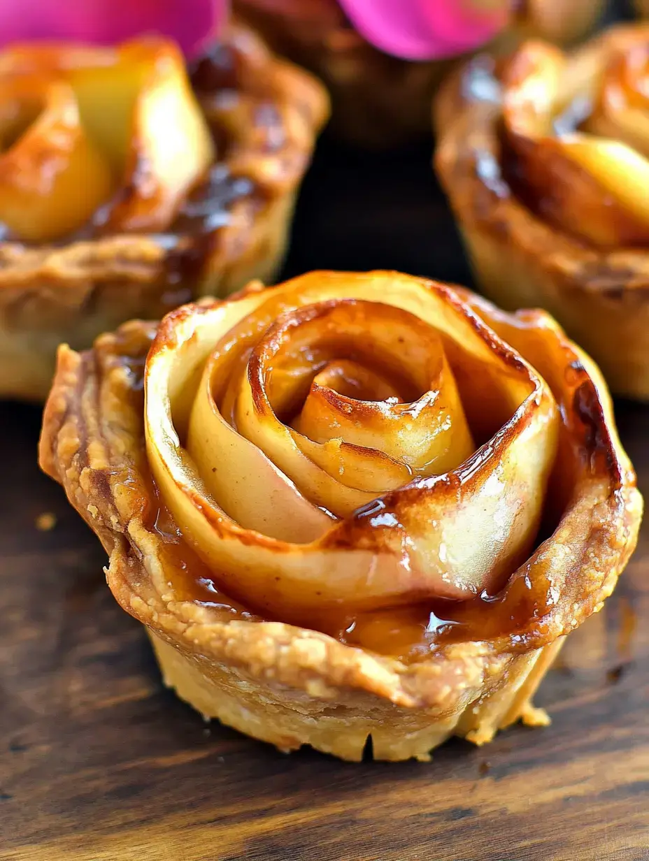 A close-up of a pastry resembling a rose, made with thinly sliced apples arranged in a flaky crust and glazed with syrup.