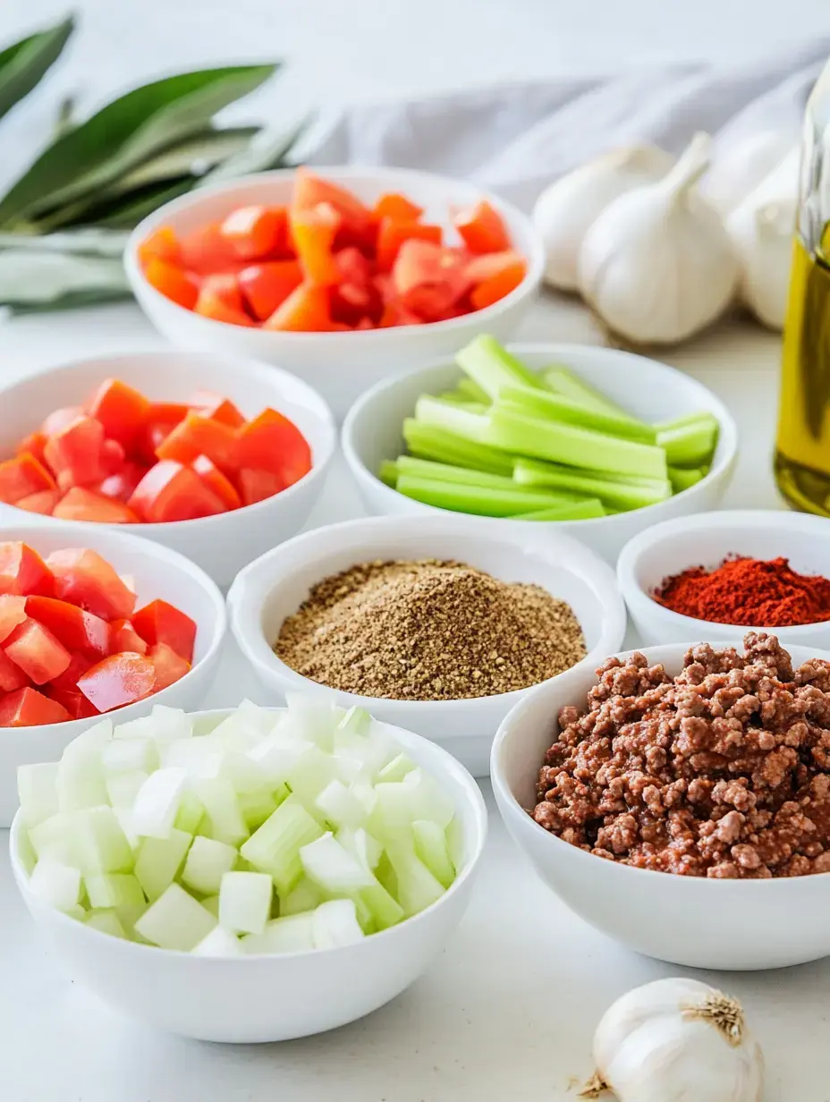 An assortment of colorful chopped vegetables, ground meat, and spices arranged in small bowls on a countertop, with garlic and olive oil nearby.