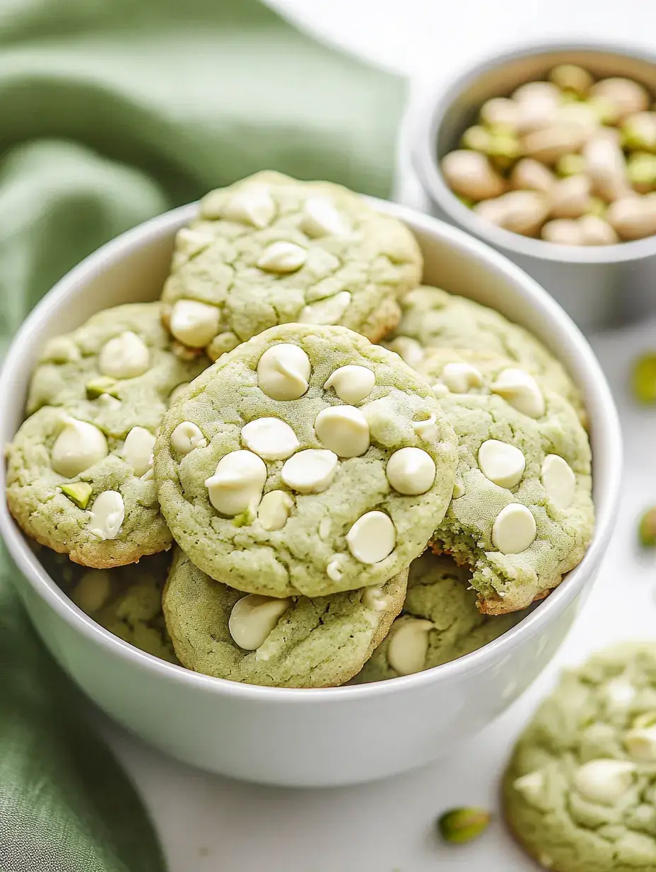 A bowl of green cookies with white chocolate chips, surrounded by a green cloth and a small dish of pistachios.