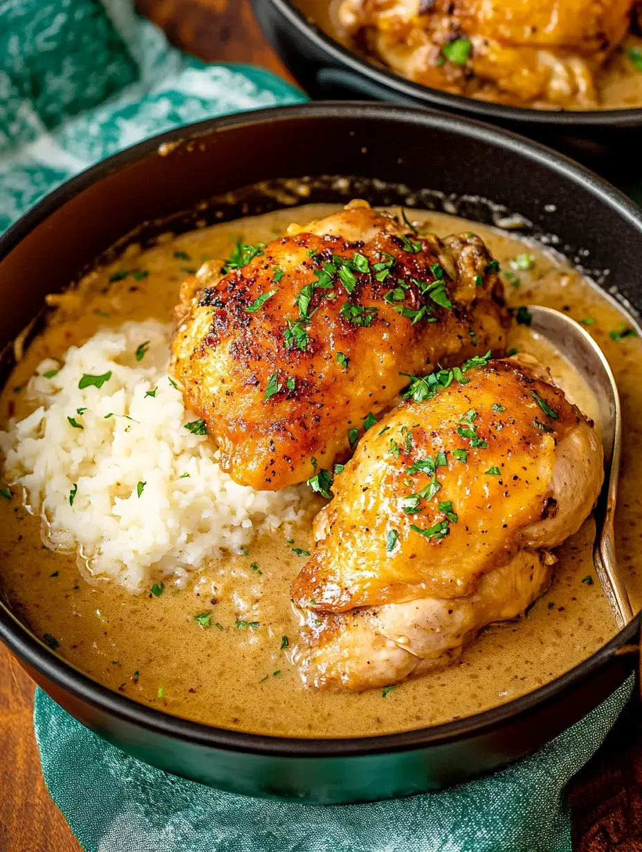 A close-up view of a bowl containing two pieces of baked chicken thighs served with rice and garnished with chopped parsley in a creamy sauce.