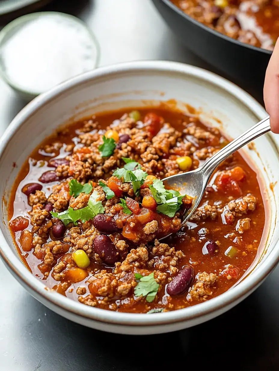 A bowl of hearty chili with ground meat, kidney beans, corn, and cilantro, accompanied by a spoon for serving.