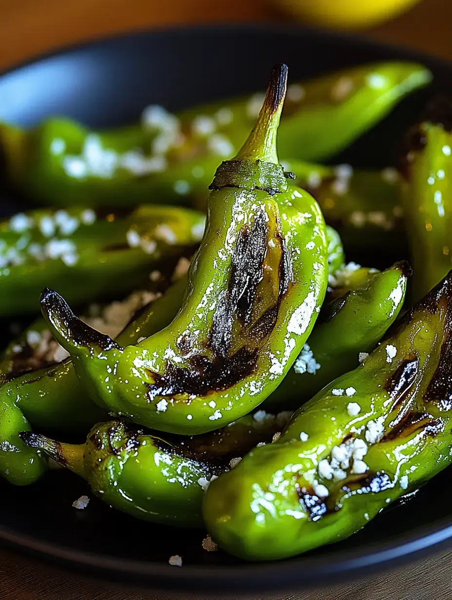 A plate of grilled green peppers sprinkled with coarse salt.