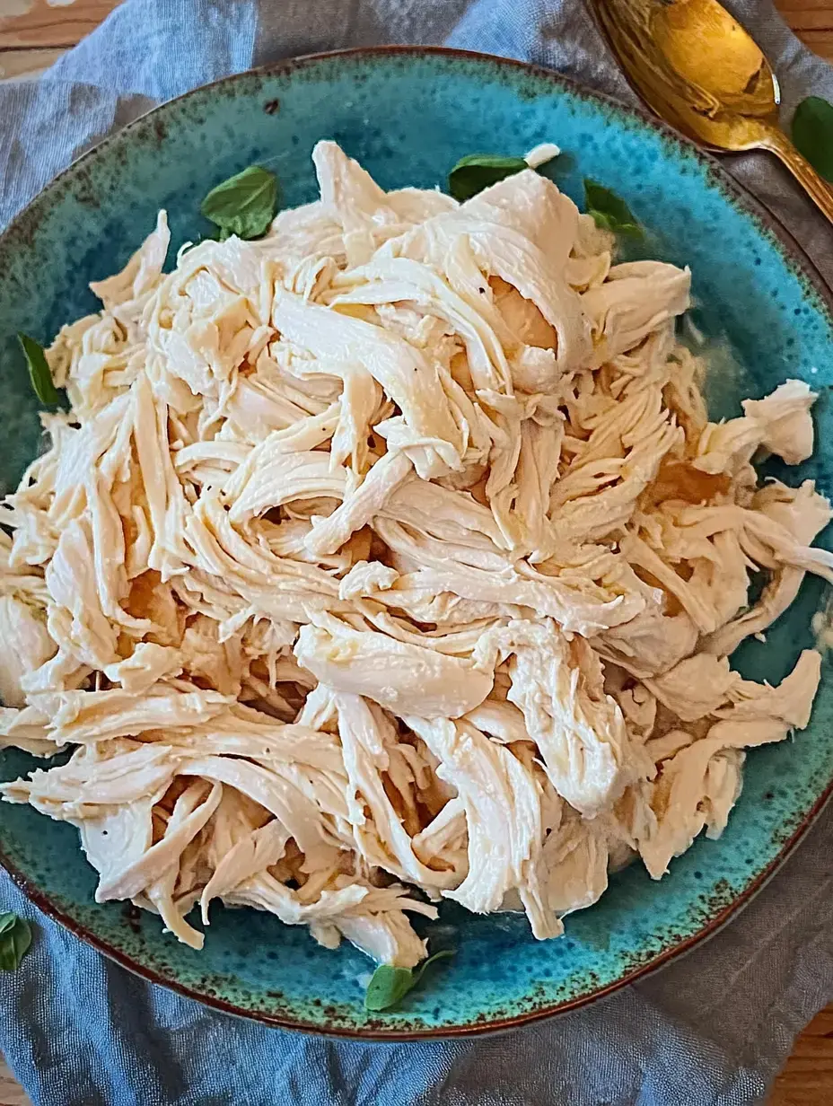 A plate of shredded cooked chicken is garnished with fresh basil leaves on a textured blue background.