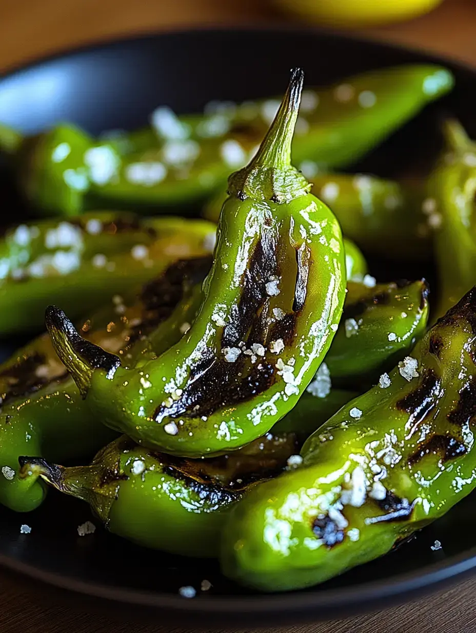 A black plate filled with grilled green peppers sprinkled with coarse salt.