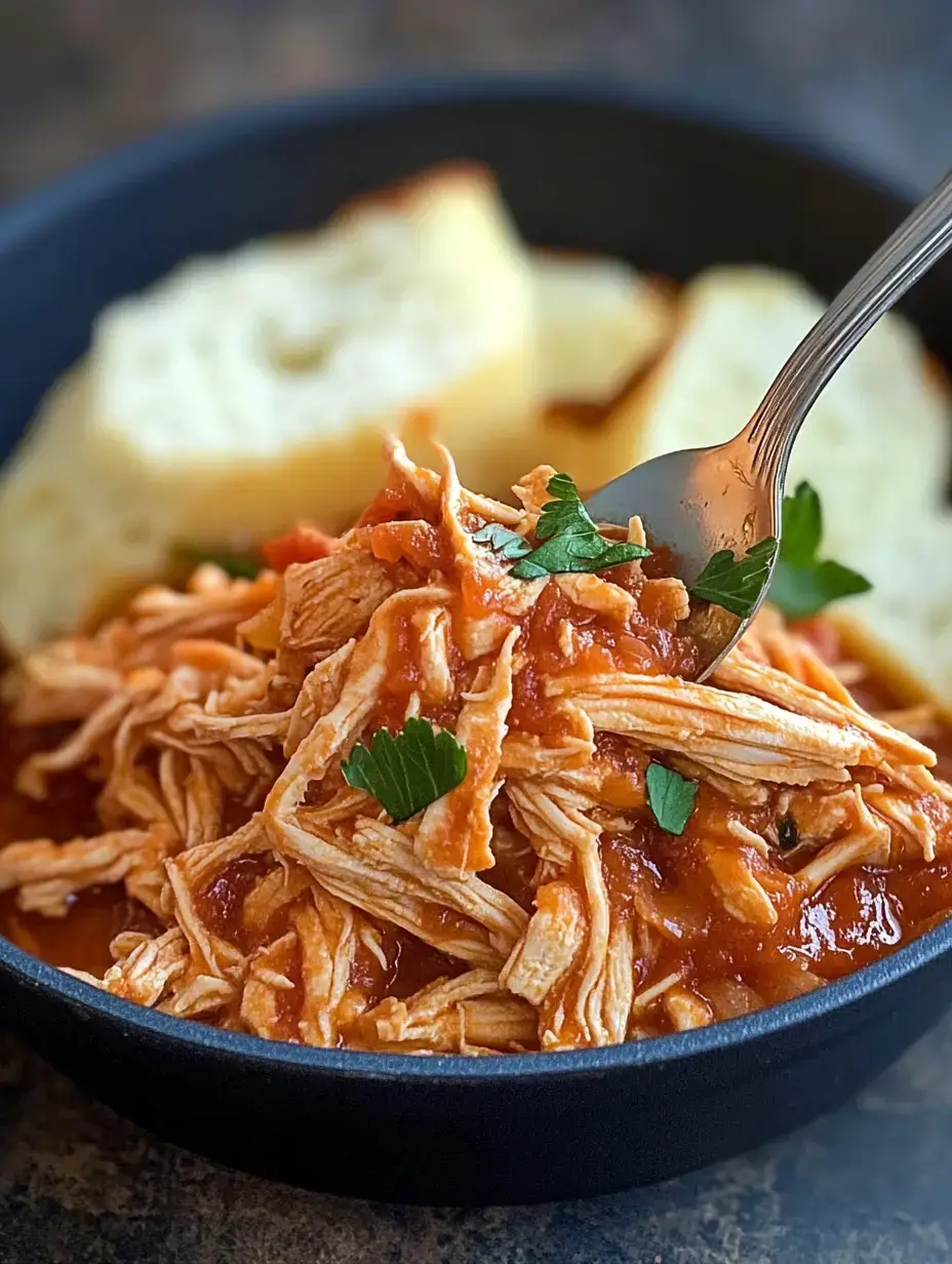 A bowl of shredded chicken in a flavorful sauce garnished with parsley, alongside slices of bread.