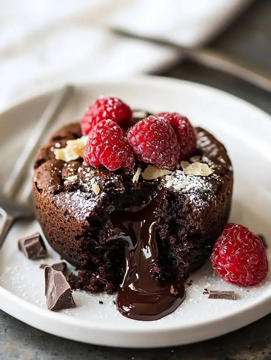 A rich chocolate lava cake topped with fresh raspberries and sprinkled with powdered sugar, with molten chocolate flowing from the center.