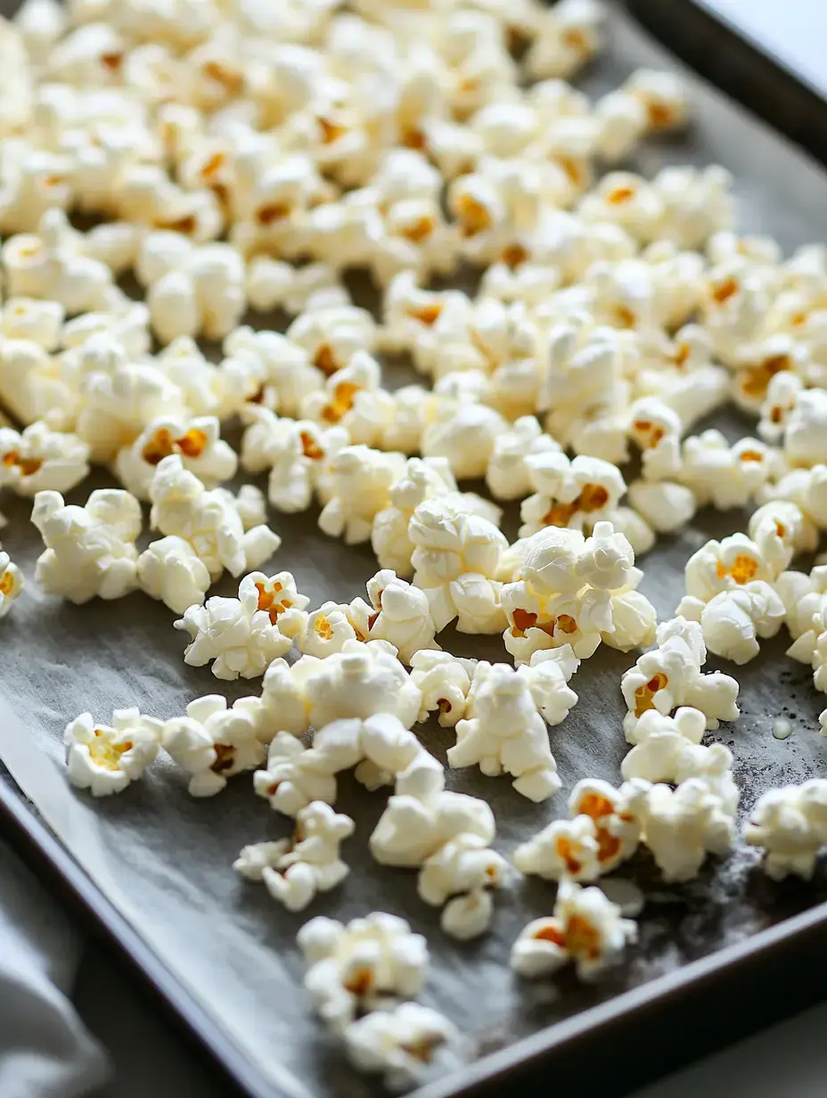 A tray lined with parchment paper is covered with scattered, fluffy popcorn kernels.