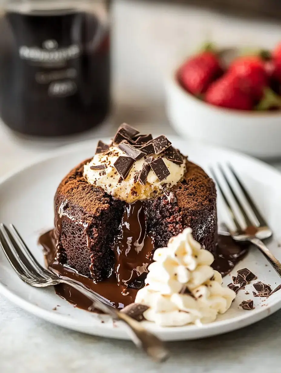 A molten chocolate cake topped with whipped cream and chocolate shavings, served alongside fresh strawberries.